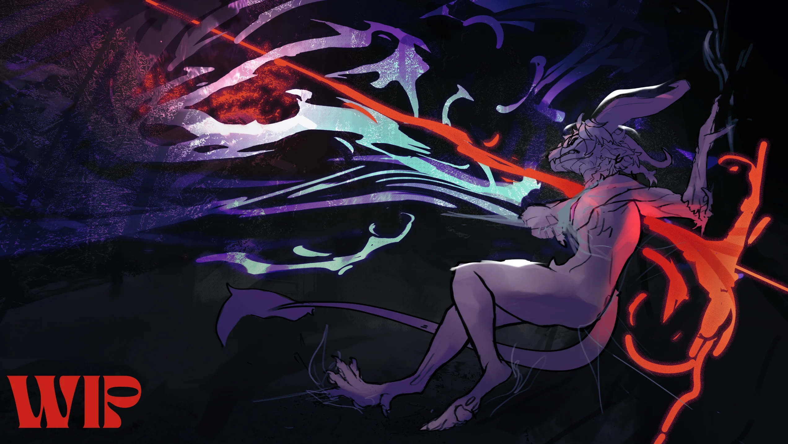 A mythical creature with horns and a tail is pierced by a red, glowing arrow, surrounded by swirling, dark energy. The scene is intense and dynamic.